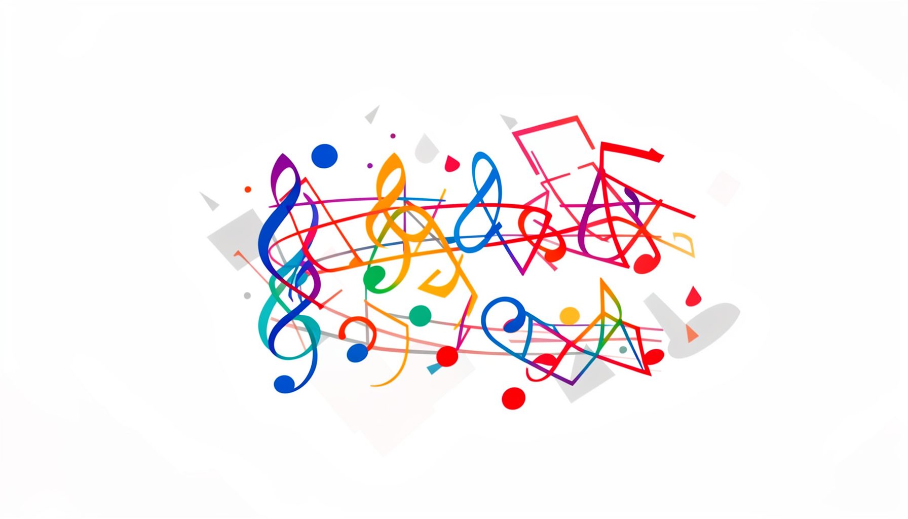 A colorful abstract pattern of musical notation floating on a white background with subtle red and gray geometric accents
