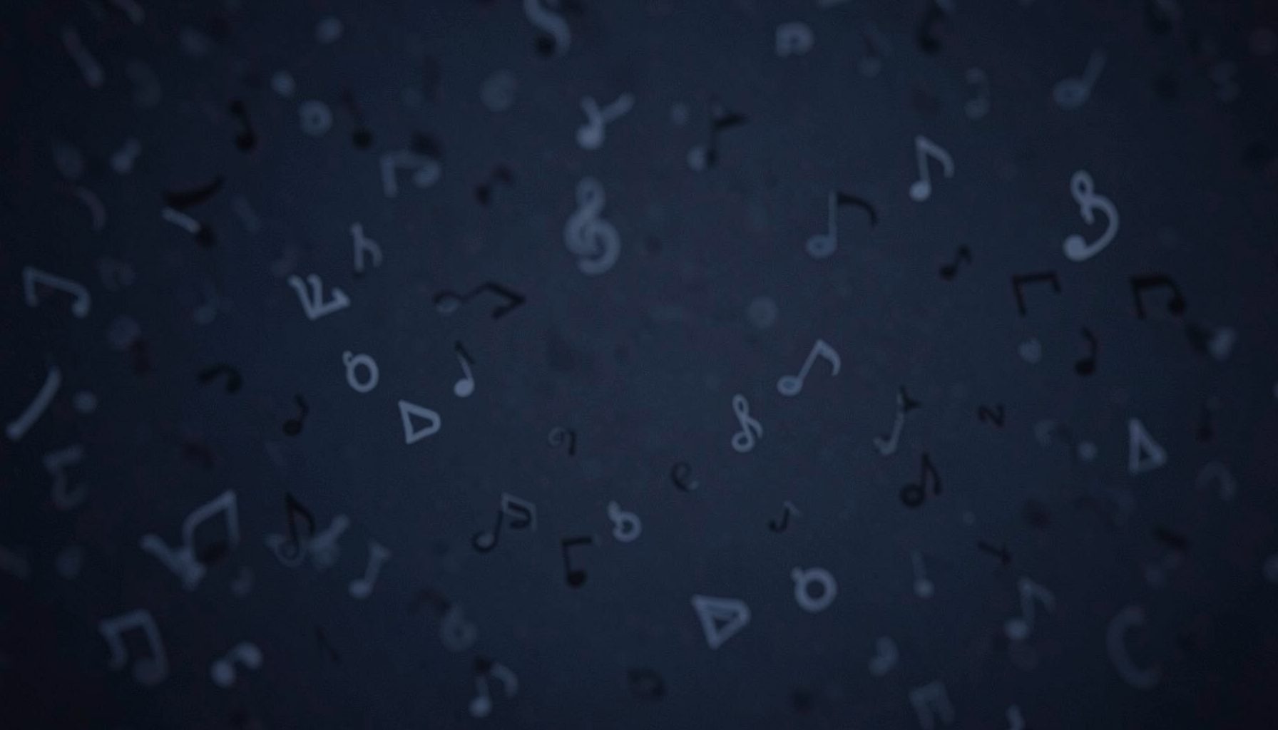 Dark textured background with subtle musical notes and alphabet letters scattered in soft focus, deep navy and charcoal tones