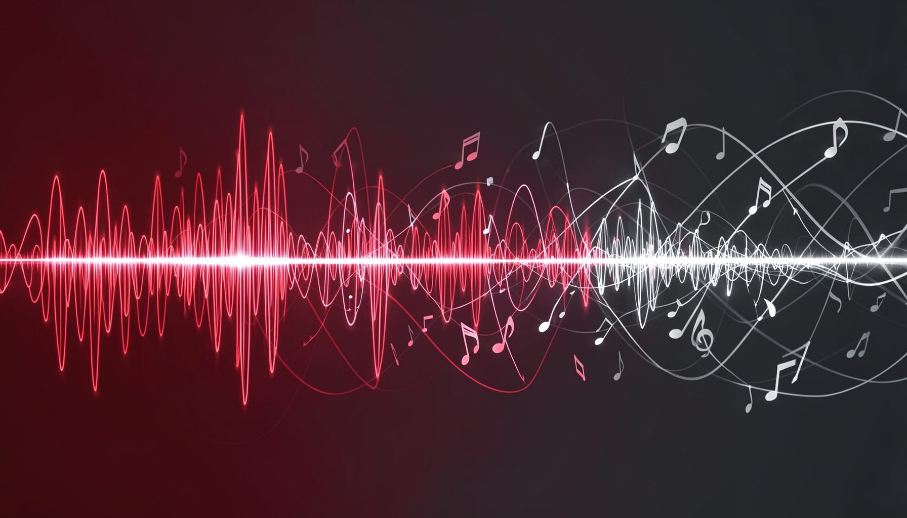 A vibrant abstract composition of sound waves and musical notes in deep red, charcoal gray, and white, suggesting energy and rhythm